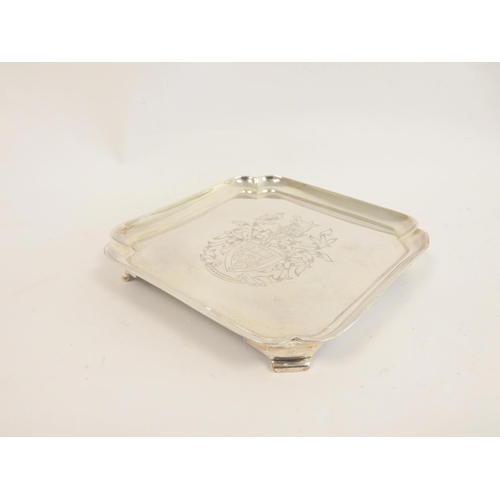 106 - Silver square waiter with plain moulded edge and cut corners, later crest and inscription for Sedber... 