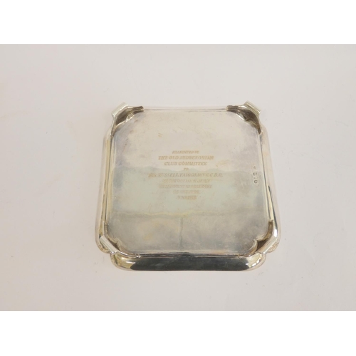 106 - Silver square waiter with plain moulded edge and cut corners, later crest and inscription for Sedber... 