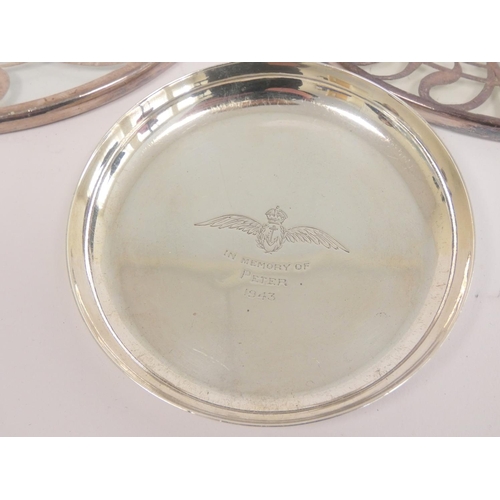 110 - Silver ash tray, Fleet Air Arm 1943, a pair of silver dwarf candlesticks and a a pair of overlaid gl... 