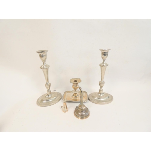 96 - Pair of Old Sheffield table candlesticks of oval section C1790, (one in two parts) a similar chamber... 