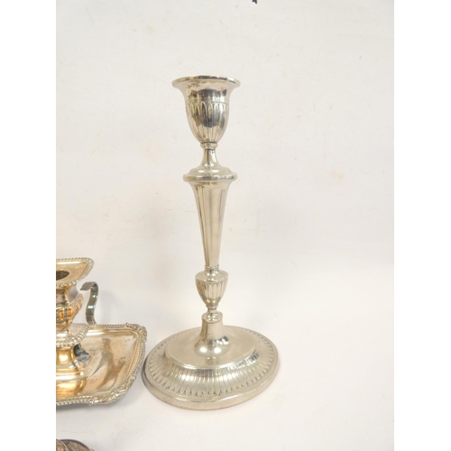 96 - Pair of Old Sheffield table candlesticks of oval section C1790, (one in two parts) a similar chamber... 