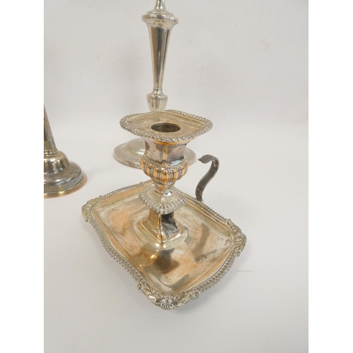 96 - Pair of Old Sheffield table candlesticks of oval section C1790, (one in two parts) a similar chamber... 