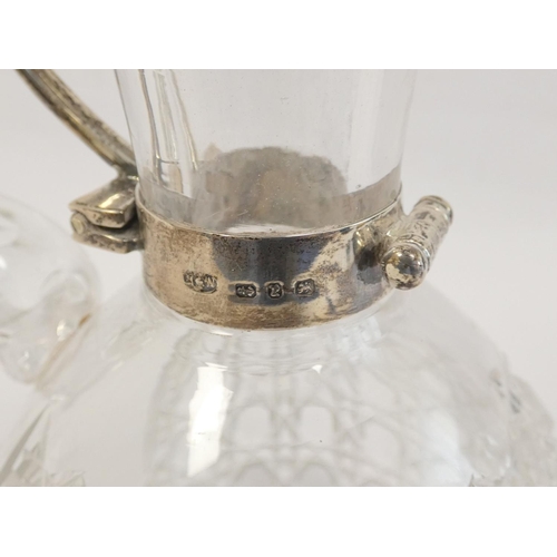 98 - Glass claret jug, hobnail cut, ovoid shape with silver mounts and hinged cap, Birmingham 1898, 21cm.