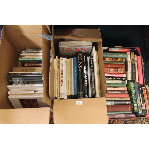 306 - Three boxes of mixed books to include reference books, Coins, Ivory A History and Collectors Guide, ... 