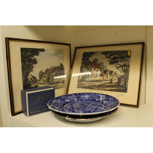 308 - Blue and white decorated plates, Orion boxed binoculars and two prints.