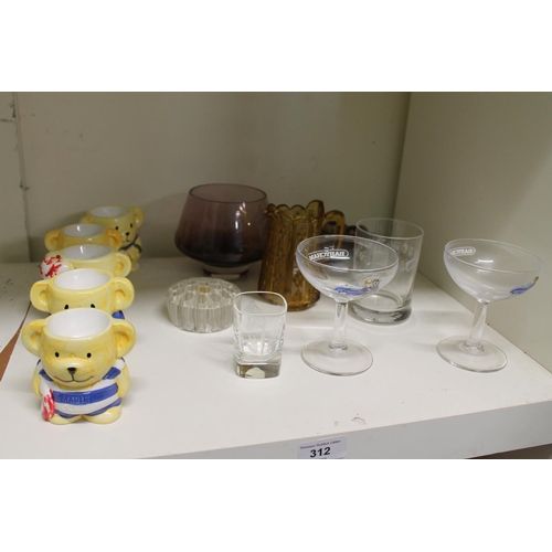 312 - Novelty egg cups, Babycham glasses, etc.