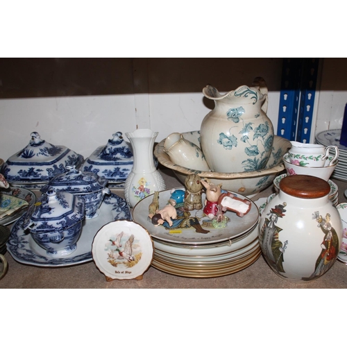 320 - Decorative ceramics to include blue and white tureen and covers, stoneware pottery coffee set, antiq... 