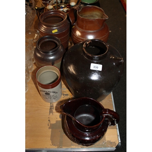 330 - Stoneware pottery to include preserve jar, jug, treacle glaze hunting jug, etc.