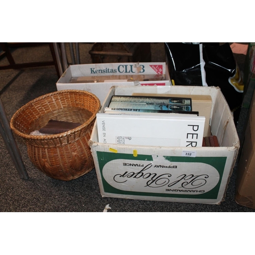 332 - Two boxes of books, artists blank canvases, wicker baskets, etc.