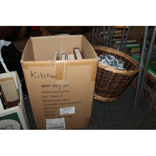 332 - Two boxes of books, artists blank canvases, wicker baskets, etc.