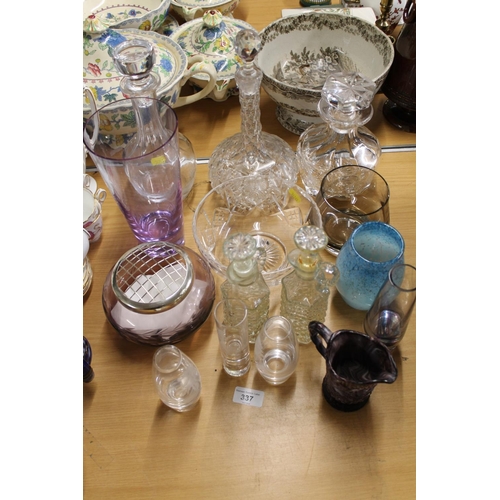 337 - Glassware to include condiment bottles, decanters, etc.