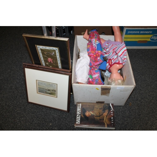 338D - Framed prints, three dolls, etc.