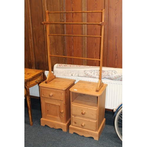 694 - Pair of pine bedside cabinets and a towel rail.