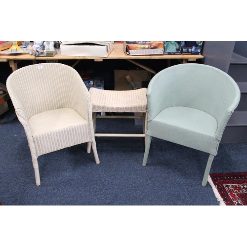 708 - Two Lloyd Loom style chairs and a Lloyd Loom style stool.