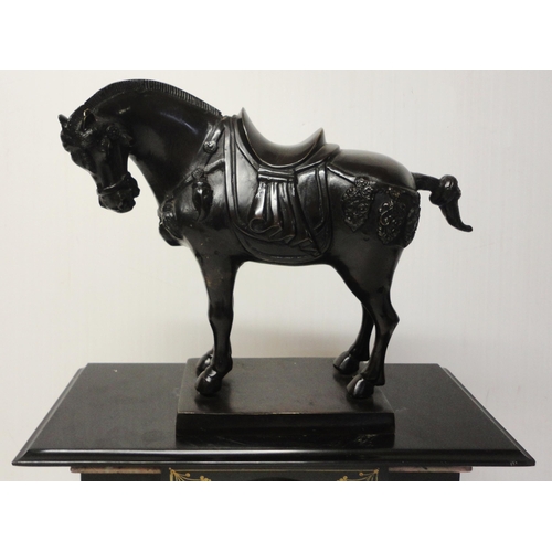 301 - French black slate, marble and bronze mantel clock, the bronze horse surmount above an enamel dial w... 