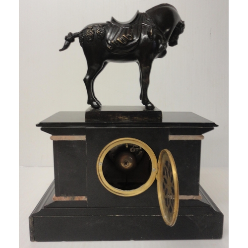 301 - French black slate, marble and bronze mantel clock, the bronze horse surmount above an enamel dial w... 