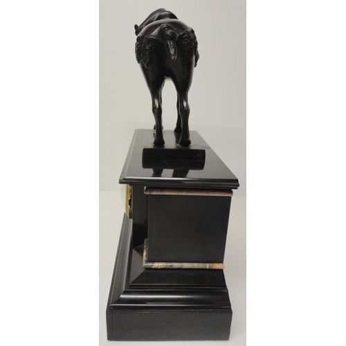 301 - French black slate, marble and bronze mantel clock, the bronze horse surmount above an enamel dial w... 