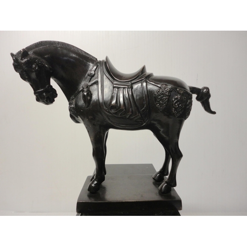 301 - French black slate, marble and bronze mantel clock, the bronze horse surmount above an enamel dial w... 