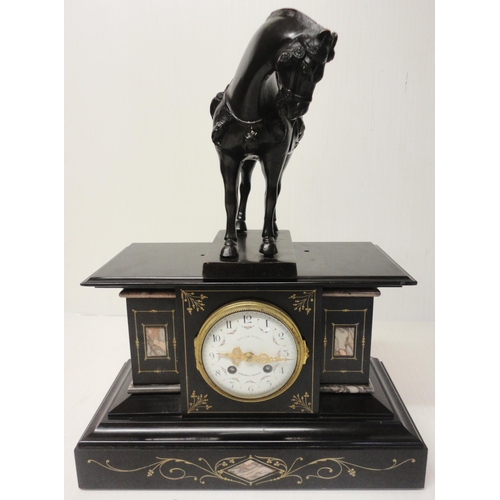 301 - French black slate, marble and bronze mantel clock, the bronze horse surmount above an enamel dial w... 