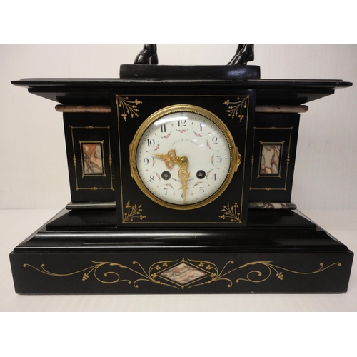 301 - French black slate, marble and bronze mantel clock, the bronze horse surmount above an enamel dial w... 