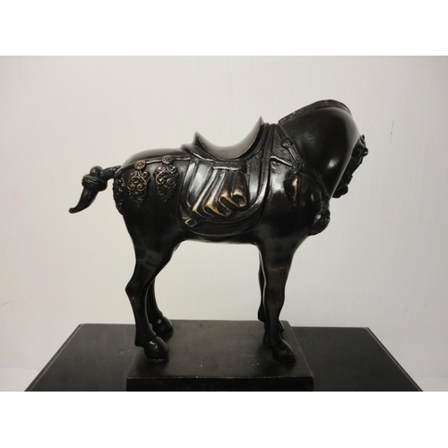 301 - French black slate, marble and bronze mantel clock, the bronze horse surmount above an enamel dial w... 