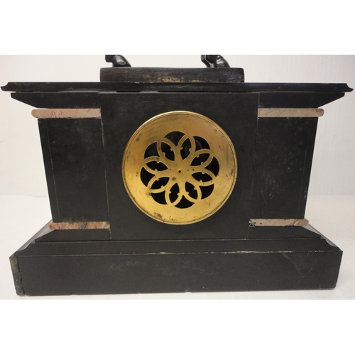 301 - French black slate, marble and bronze mantel clock, the bronze horse surmount above an enamel dial w... 