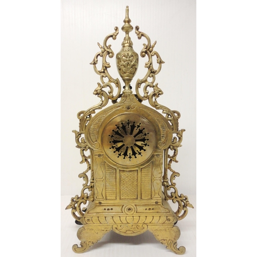 302 - French brass three-piece clock garniture in the Rococo taste, 20th century, comprising a large brack... 