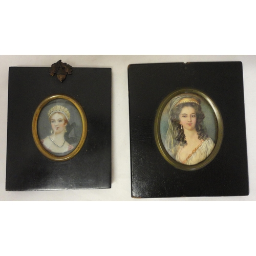 422 - Regency portrait miniature of a young woman, oil on card, 5.5cm x 7.5cm, contained in an ebonised fr... 