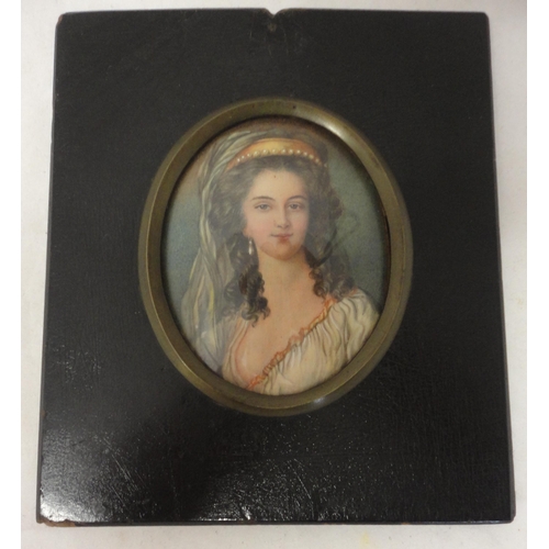 422 - Regency portrait miniature of a young woman, oil on card, 5.5cm x 7.5cm, contained in an ebonised fr... 