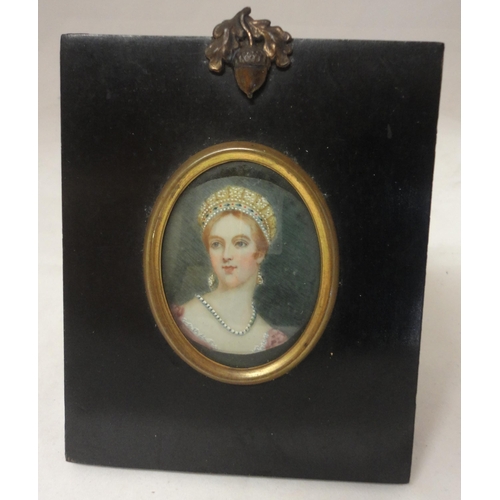 422 - Regency portrait miniature of a young woman, oil on card, 5.5cm x 7.5cm, contained in an ebonised fr... 