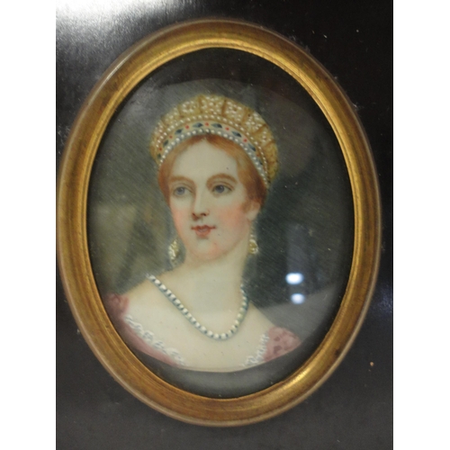 422 - Regency portrait miniature of a young woman, oil on card, 5.5cm x 7.5cm, contained in an ebonised fr... 