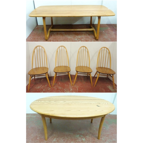 506 - Ercol beech and elm refectory table with ornate shaped supports to each end, united by beam stretche... 