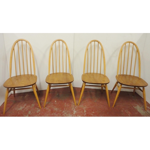 506 - Ercol beech and elm refectory table with ornate shaped supports to each end, united by beam stretche... 