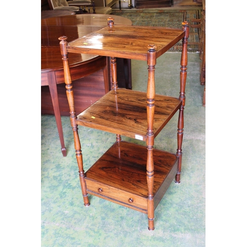 612 - Victorian three tier rosewood whatnot with under tier drawer, 102cm high.