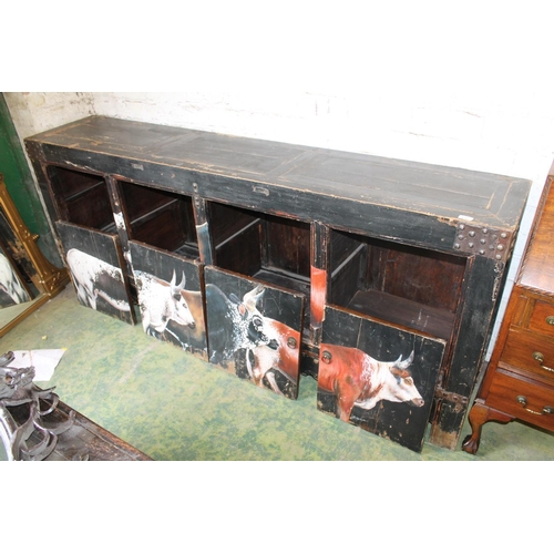 639 - Indian softwood sideboard, later painted with cattle scene to doors by the artist Robby Kotejin, pur... 