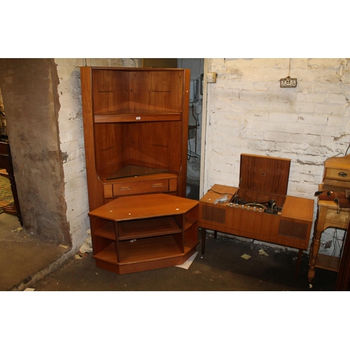 645 - Retro corner cabinet, a television stand and an HMV teak turntable.