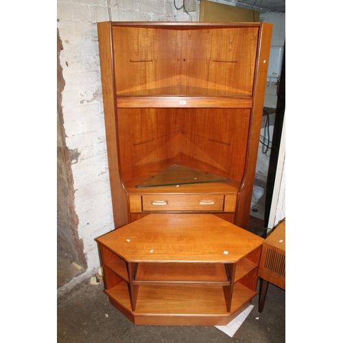 645 - Retro corner cabinet, a television stand and an HMV teak turntable.