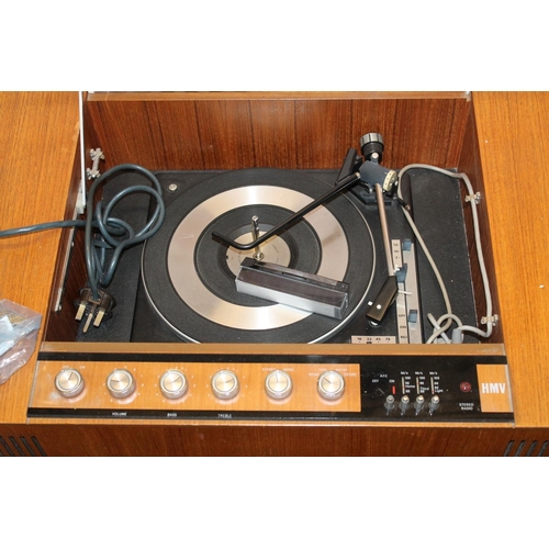 645 - Retro corner cabinet, a television stand and an HMV teak turntable.