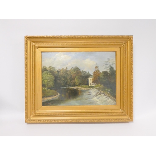 271 - In the manner of Henry Dawson.River scene with fisherman.Oil on Canvas.Signed lower left.55cm x 39cm... 