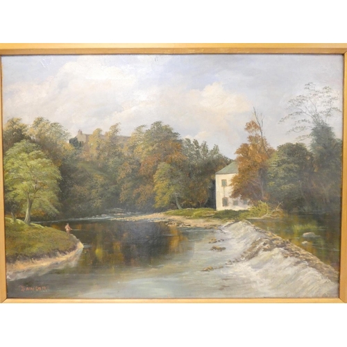 271 - In the manner of Henry Dawson.River scene with fisherman.Oil on Canvas.Signed lower left.55cm x 39cm... 