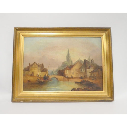 272 - 19th century Flemish School. River scene with rowing boats. Oil on Canvas.65cm x 44cm... 