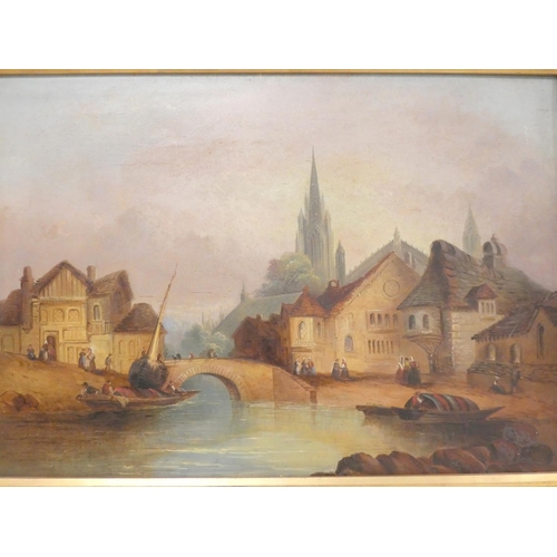 272 - 19th century Flemish School. River scene with rowing boats. Oil on Canvas.65cm x 44cm... 