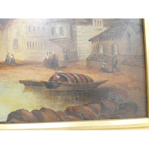 272 - 19th century Flemish School. River scene with rowing boats. Oil on Canvas.65cm x 44cm... 