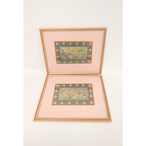 276 - After Mughal School. Pair of Indian hunting scenes.Gouache.Each 18cm x 28cm.... 