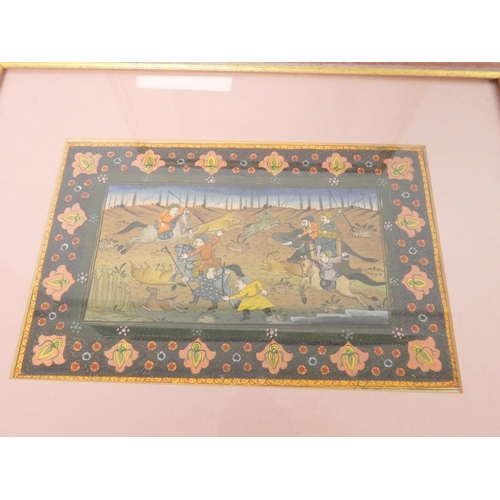 276 - After Mughal School. Pair of Indian hunting scenes.Gouache.Each 18cm x 28cm.... 