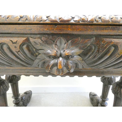 365 - Jacobean revival oak library table, the octagonal top with moulded decoration, above single drawer w... 