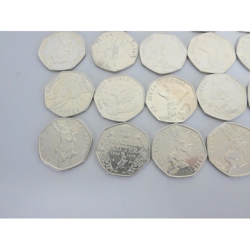 273 - United Kingdom. A collection of collectable Beatrix Potter fifty pence coins to include Jeremy Fishe... 