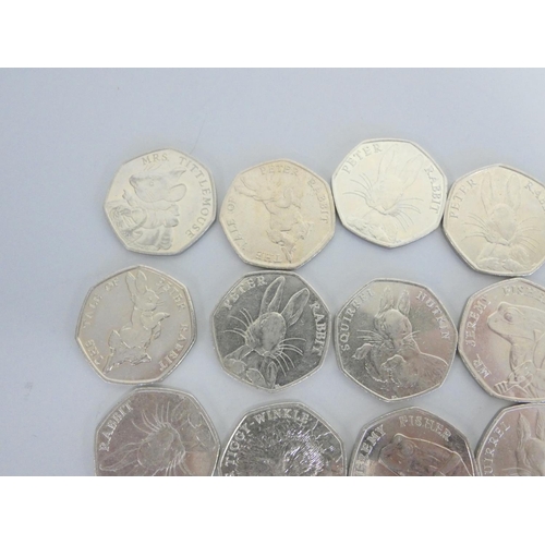 273 - United Kingdom. A collection of collectable Beatrix Potter fifty pence coins to include Jeremy Fishe... 