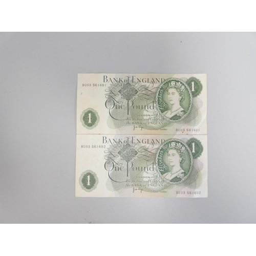 287 - Bank of England. A consecutive run of eight uncirculated one pound notes BR37 038453 - 038460 cashie... 