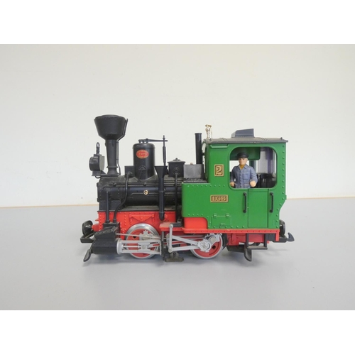 204 - LGB. No. 20212 0-4-0 loco running no. 2 red chassis, green cab, black boiler. ... 